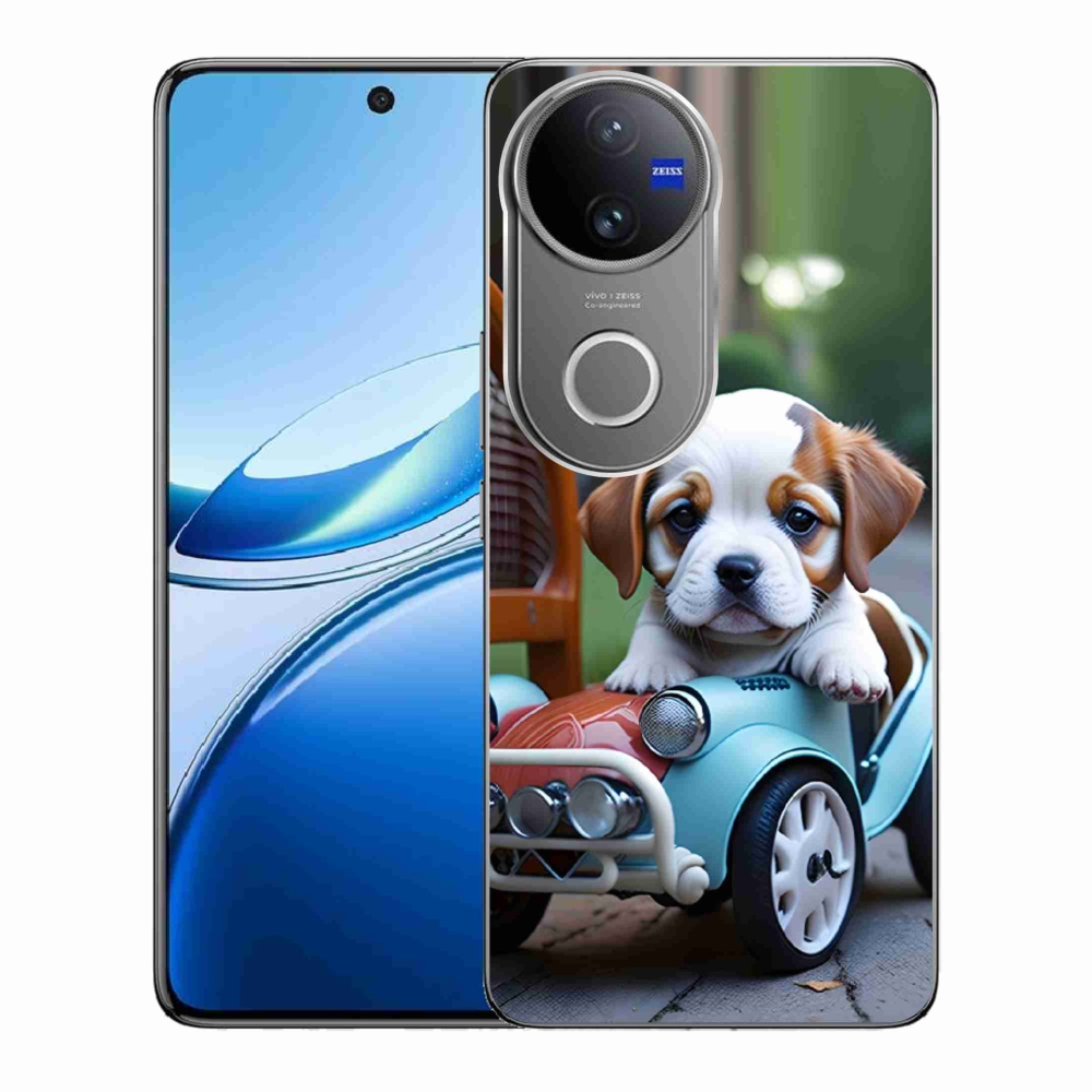 Gelový kryt mmCase na Vivo V50 5G - štěně v retro autě