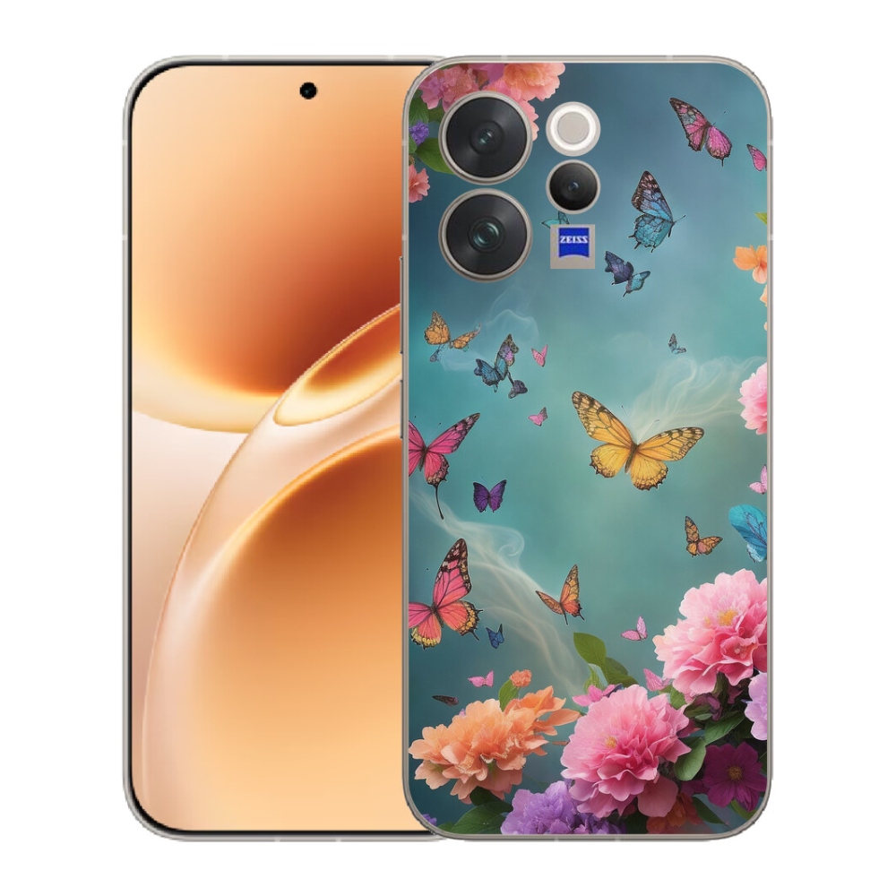 Gelový kryt mmCase na Vivo V70 - barevné květy a motýli
