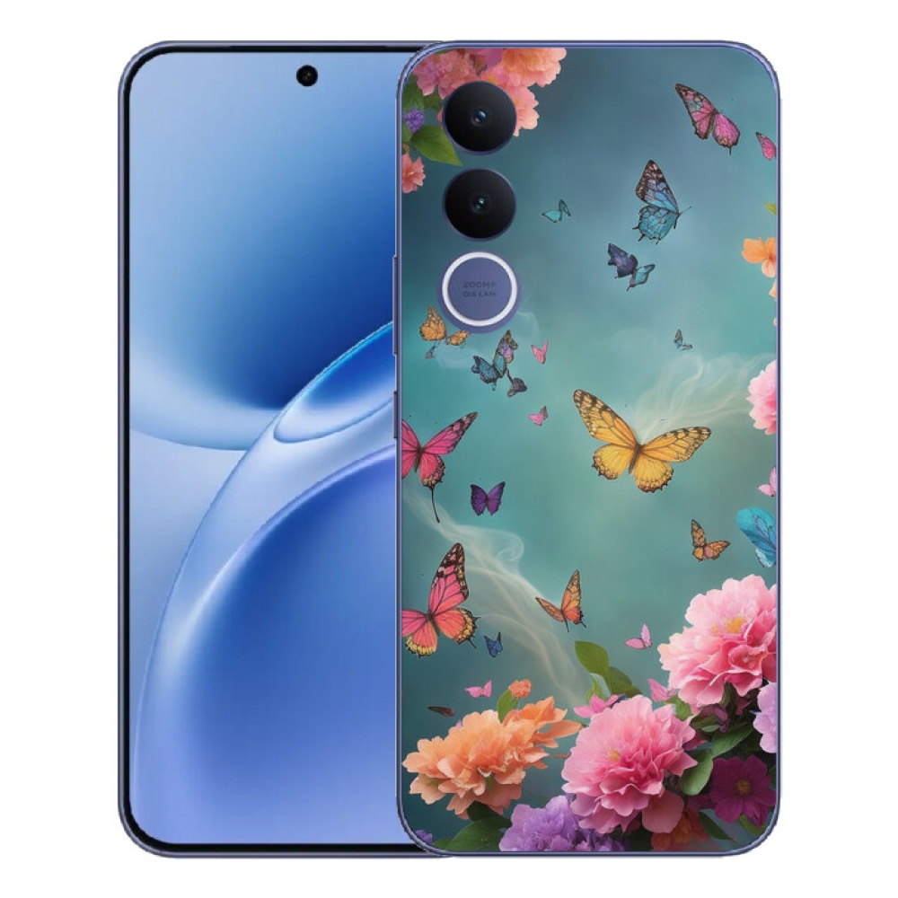 Gelový kryt mmCase na Vivo V70 FE - barevné květy a motýli