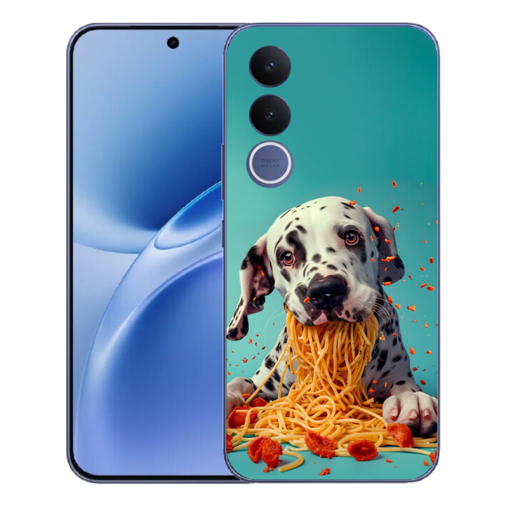 Gelový kryt mmCase na Vivo V70 FE - dalmatin a špagety