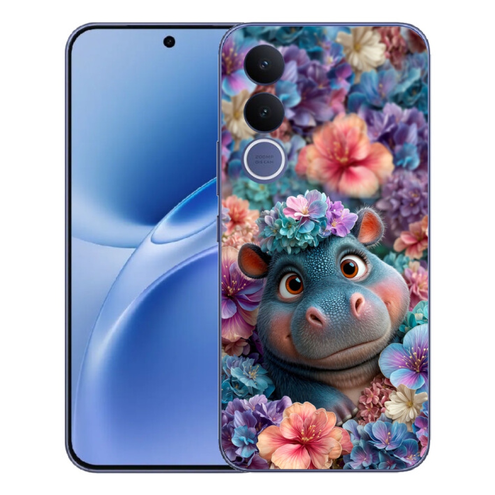 Gelový kryt mmCase na Vivo V70 FE - hrošík v květinách
