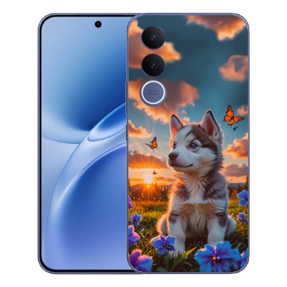 Gelový kryt mmCase na Vivo V70 FE - husky při západu slunce