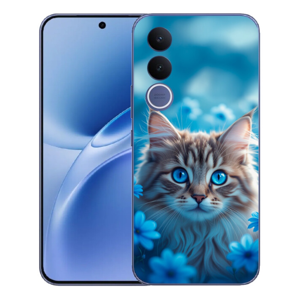 Gelový kryt mmCase na Vivo V70 FE - koťátko v modrých květech