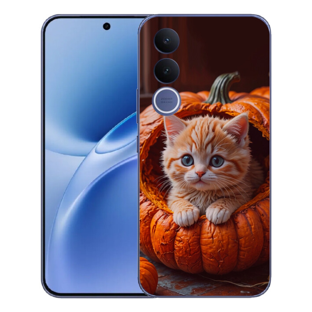 Gelový kryt mmCase na Vivo V70 FE - kotě a dýně 2