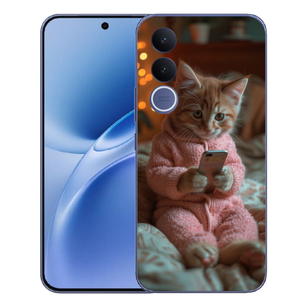 Gelový kryt mmCase na Vivo V70 FE - kotě s mobilem