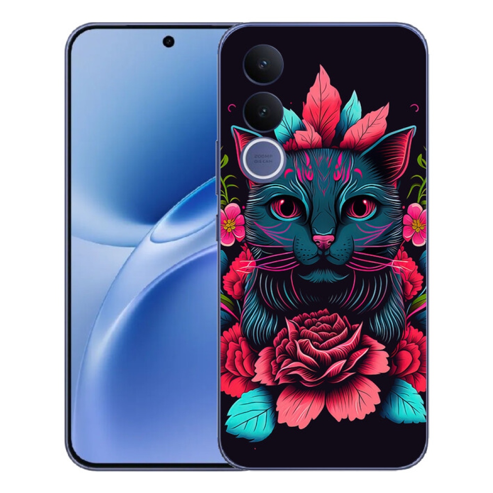 Gelový kryt mmCase na Vivo V70 FE - květiny a kočka