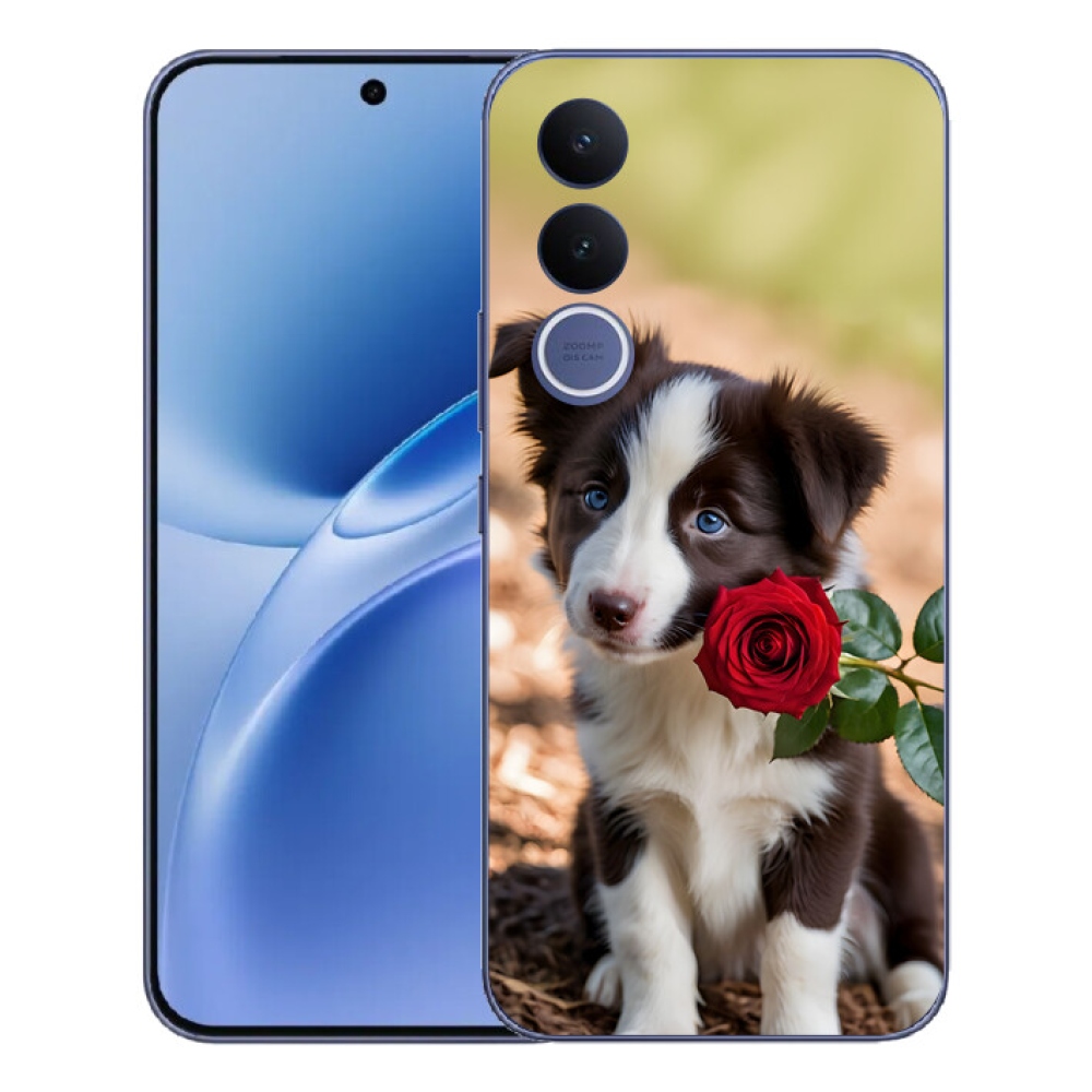Gelový kryt mmCase na Vivo V70 FE - roztomilá border kolie s růží
