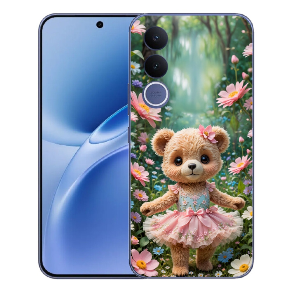 Gelový kryt mmCase na Vivo V70 FE - roztomilý medvídek v květinách