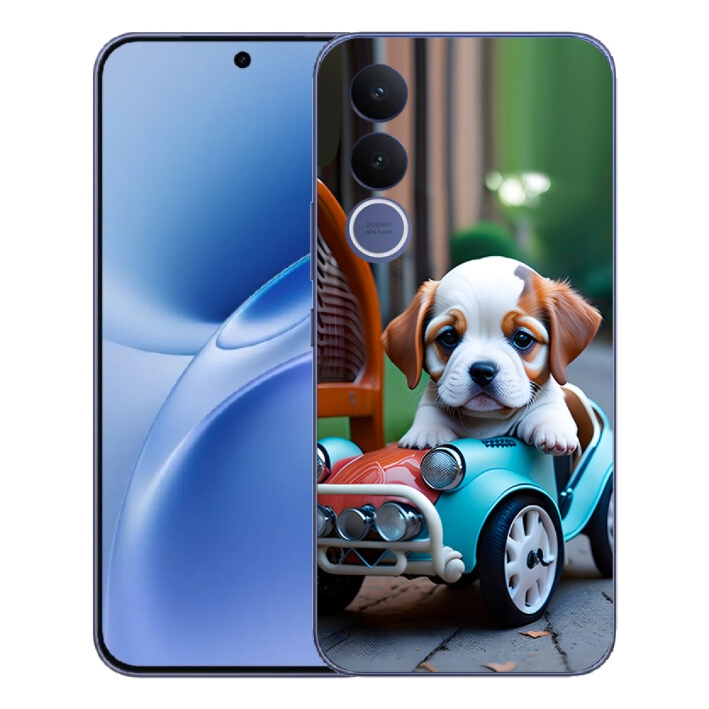 Gelový kryt mmCase na Vivo V70 FE - štěně v retro autě