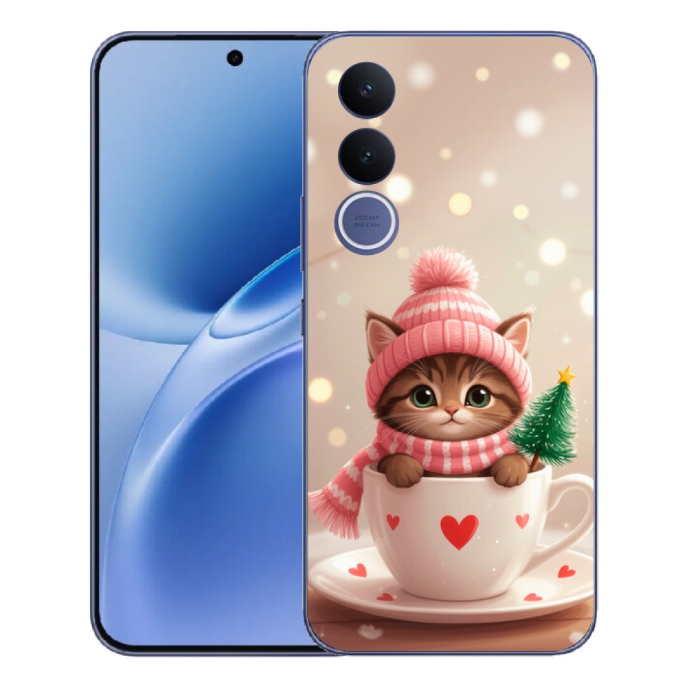 Gelový kryt mmCase na Vivo V70 FE - vánoční kotě v hrnku