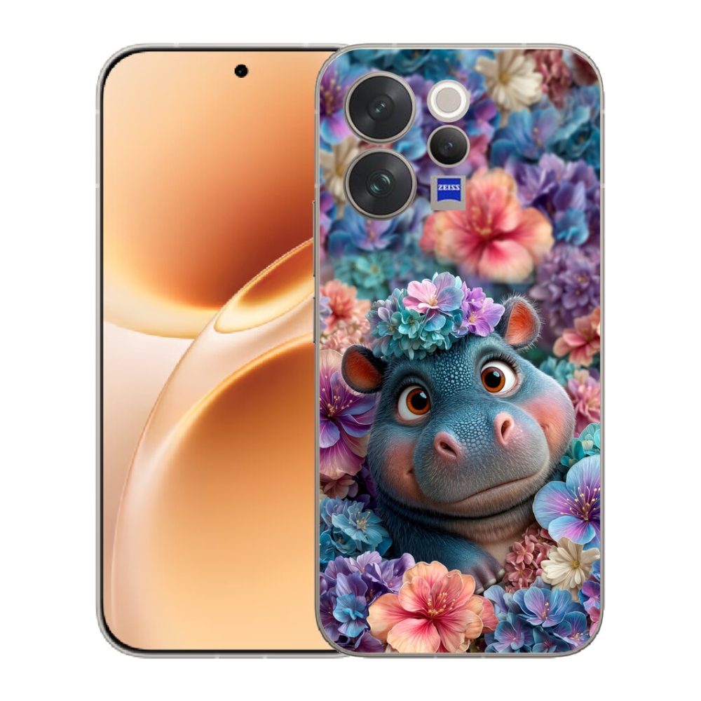 Gelový kryt mmCase na Vivo V70 - hrošík v květinách