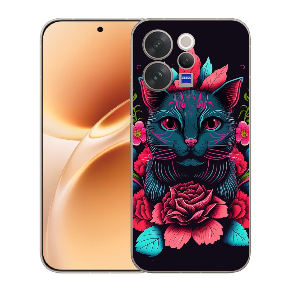 Gelový kryt mmCase na Vivo V70 - květiny a kočka
