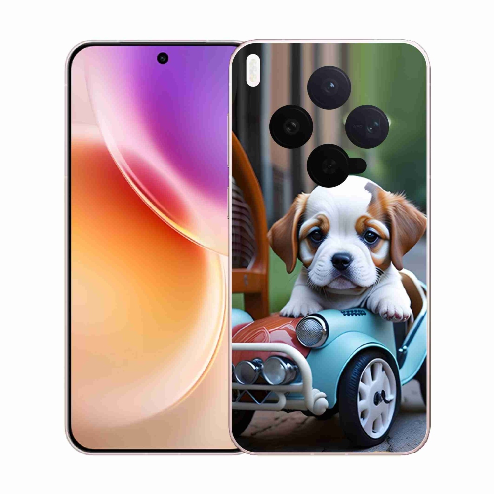 Gelový kryt mmCase na Vivo X300 5G - štěně v retro autě