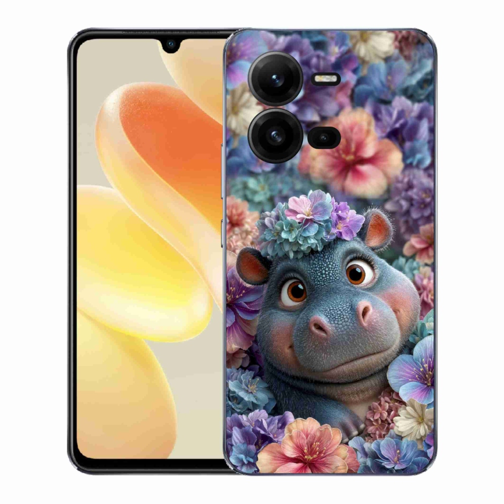 Gelový kryt mmCase na Vivo X80 Lite - hrošík v květinách