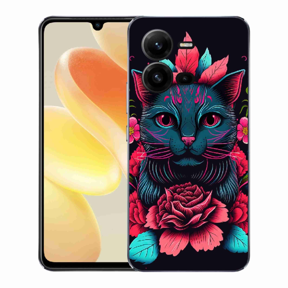 Gelový kryt mmCase na Vivo X80 Lite - květiny a kočka