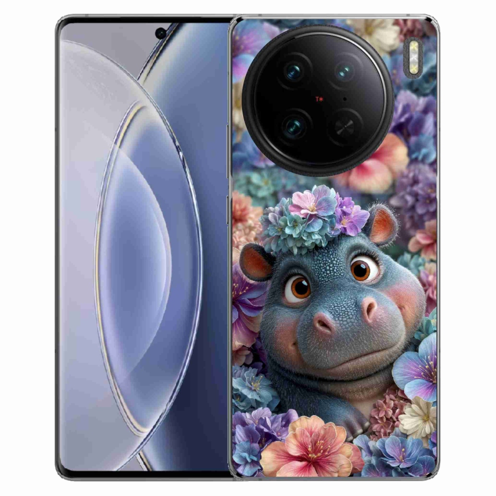 Gelový kryt mmCase na Vivo X90 Pro - hrošík v květinách