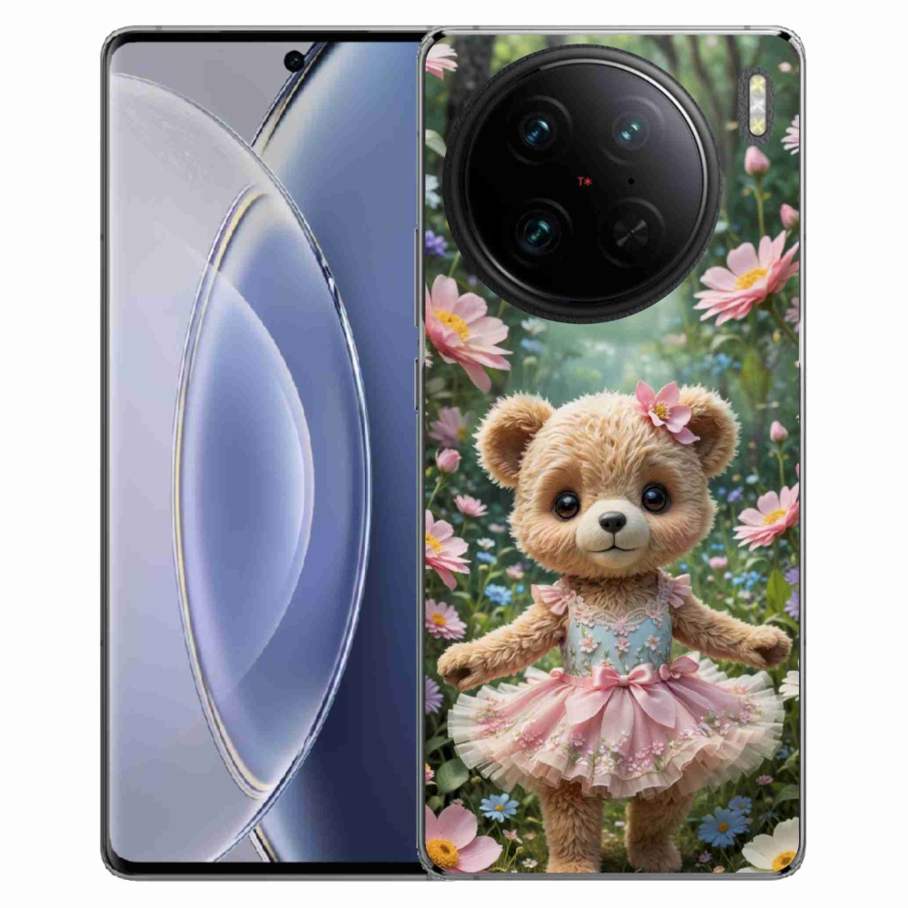 Gelový kryt mmCase na Vivo X90 Pro - roztomilý medvídek v květinách