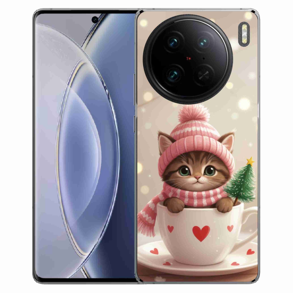 Gelový kryt mmCase na Vivo X90 Pro - vánoční kotě v hrnku