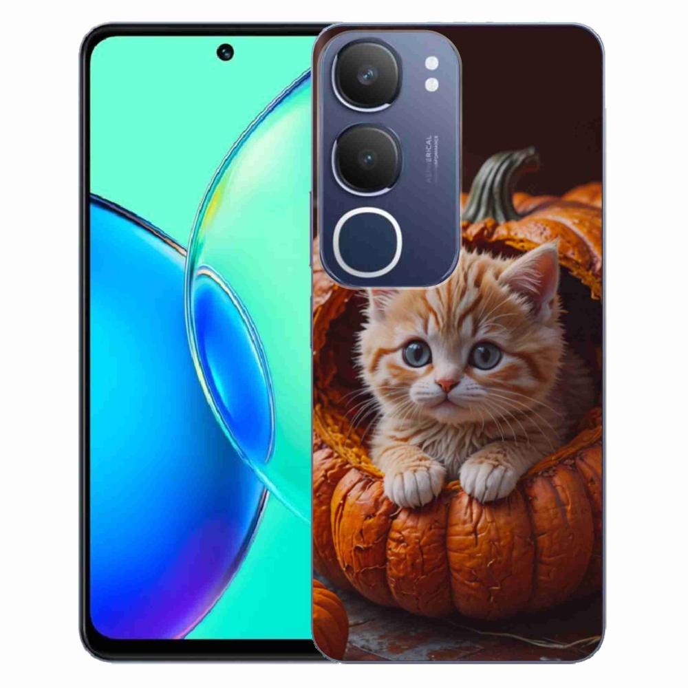 Gelový kryt mmCase na Vivo Y19S - kotě a dýně 2