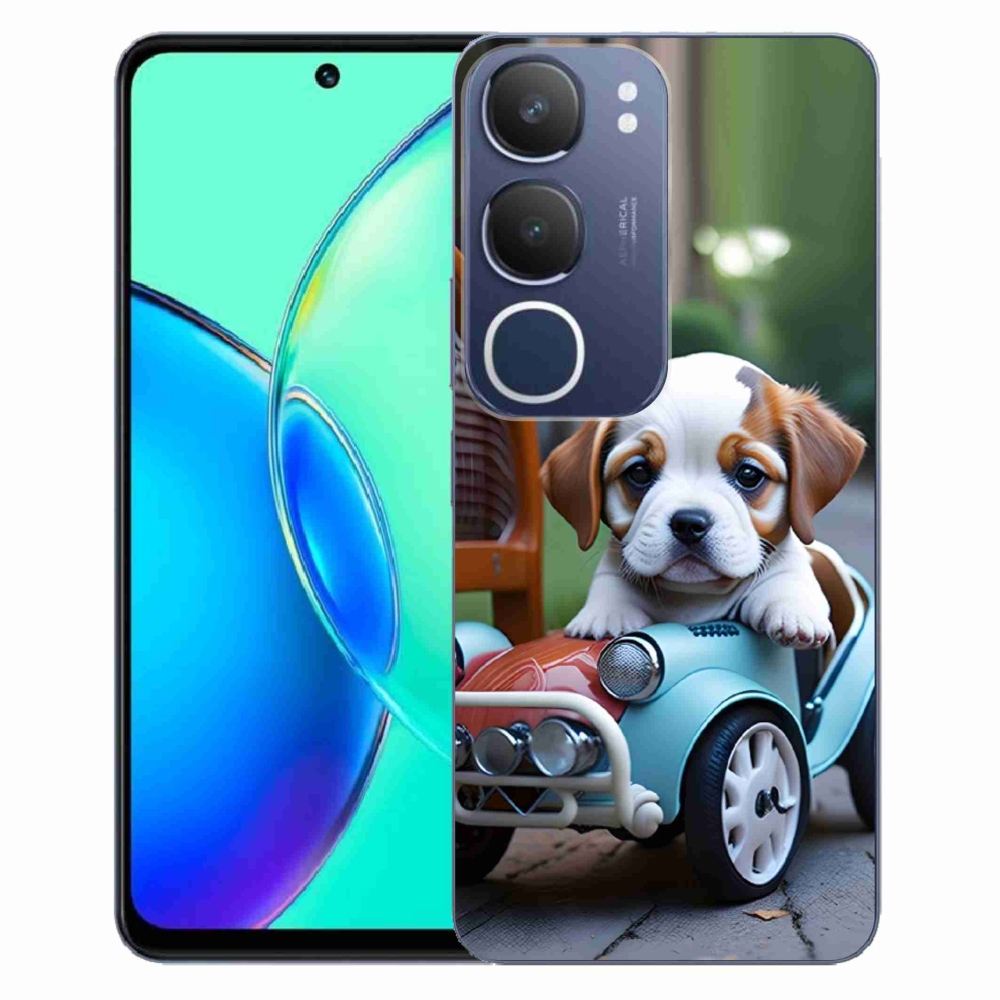 Gelový kryt mmCase na Vivo Y19S - štěně v retro autě