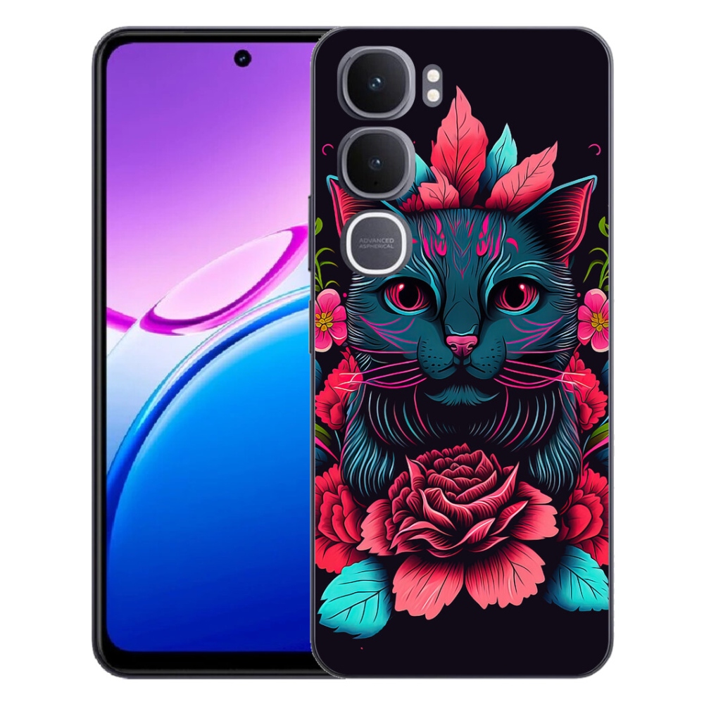 Gelový kryt mmCase na Vivo Y31 5G - květiny a kočka