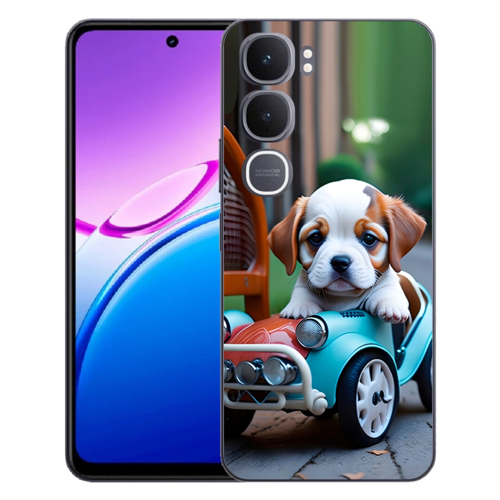 Gelový kryt mmCase na Vivo Y31 5G - štěně v retro autě