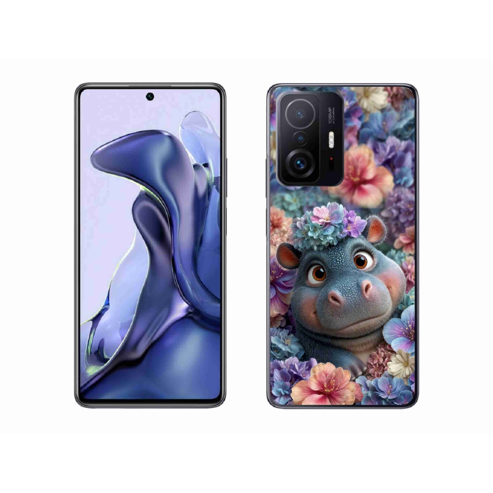 Gelový kryt mmCase na Xiaomi 11T - hrošík v květinách