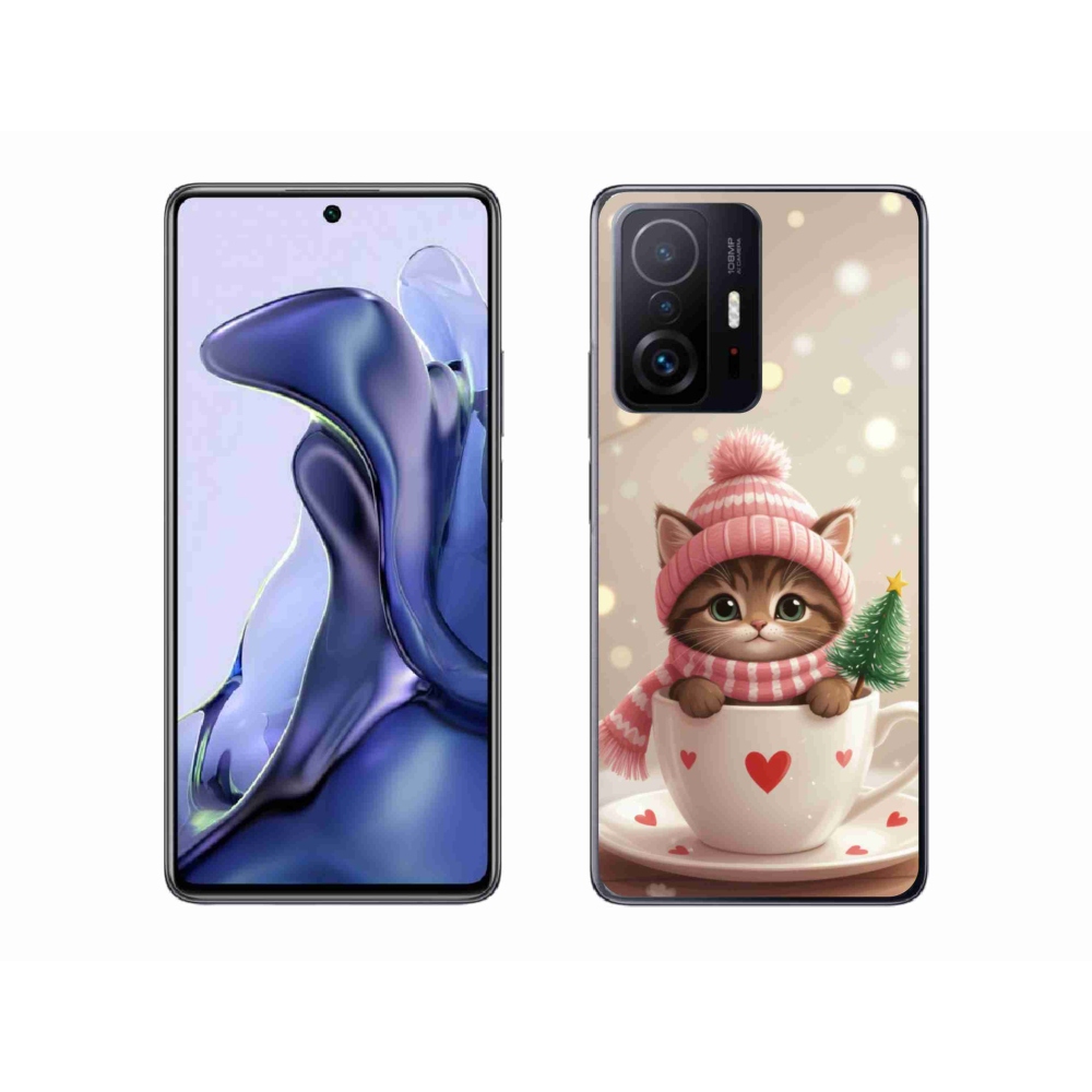 Gelový kryt mmCase na Xiaomi 11T Pro - vánoční kotě v hrnku