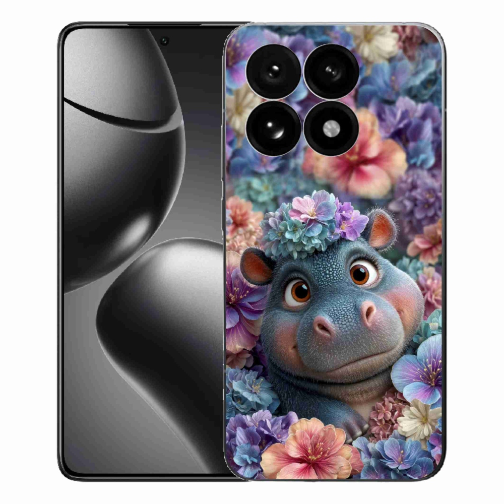 Gelový kryt mmCase na Xiaomi 15T - hrošík v květinách