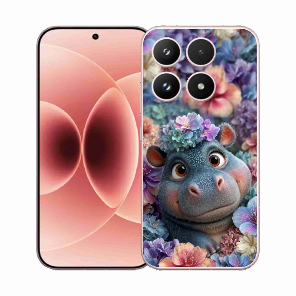 Gelový kryt mmCase na Xiaomi 17 - hrošík v květinách