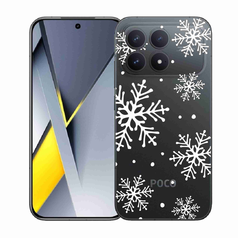 Gelový kryt mmCase na Xiaomi Poco F8 Pro - bílé vločky na průhledném pozadí