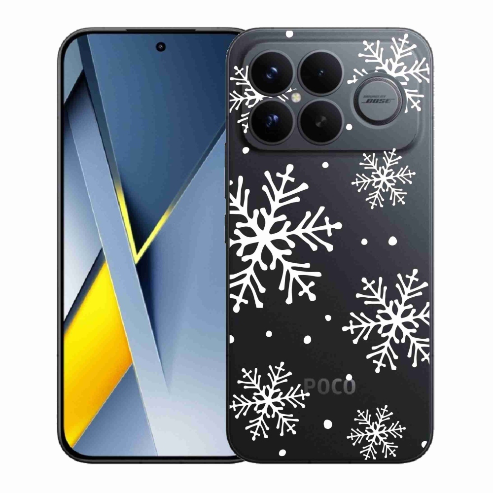Gelový kryt mmCase na Xiaomi Poco F8 Ultra - bílé vločky na průhledném pozadí