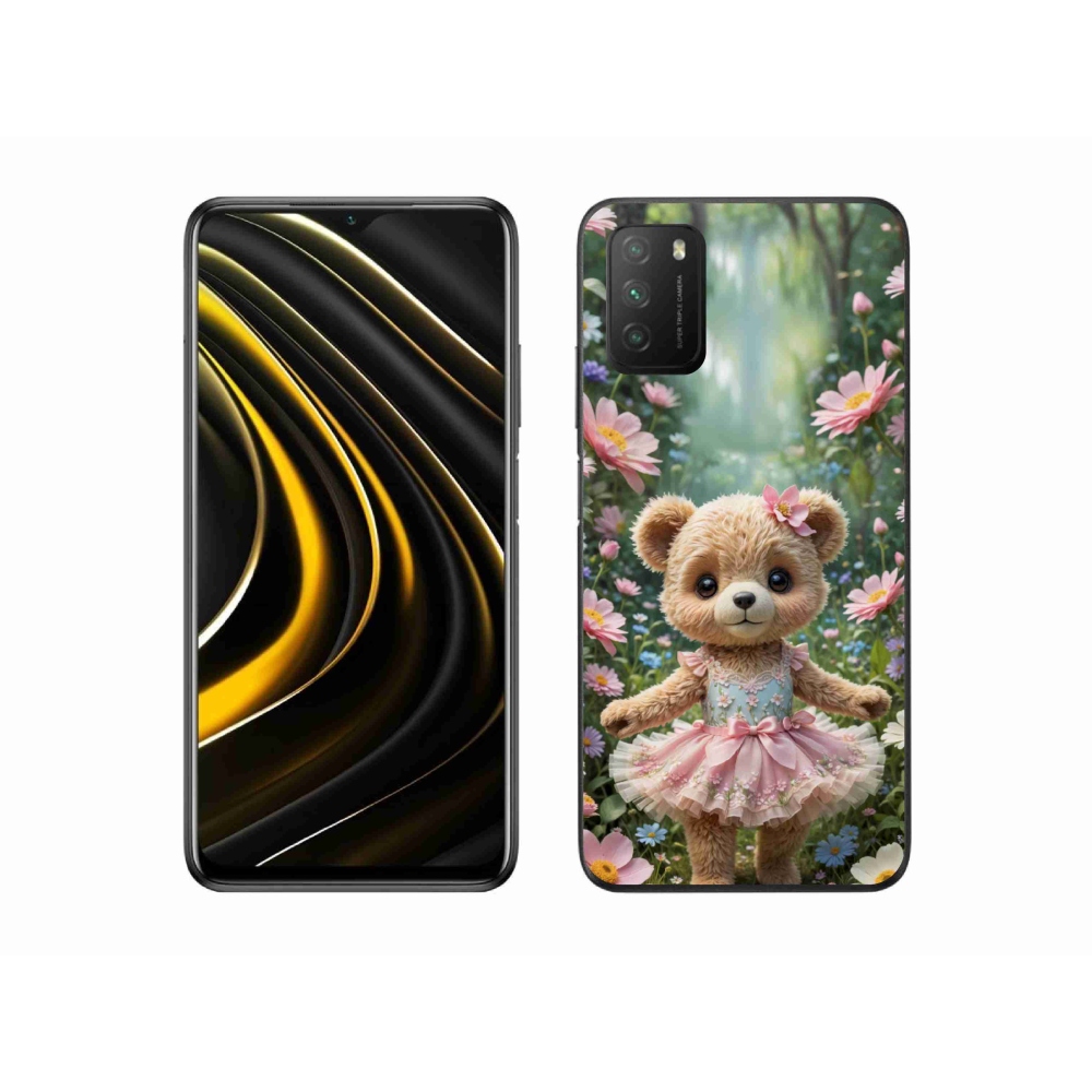 Gelový kryt mmCase na Xiaomi Poco M3 - roztomilý medvídek v květinách