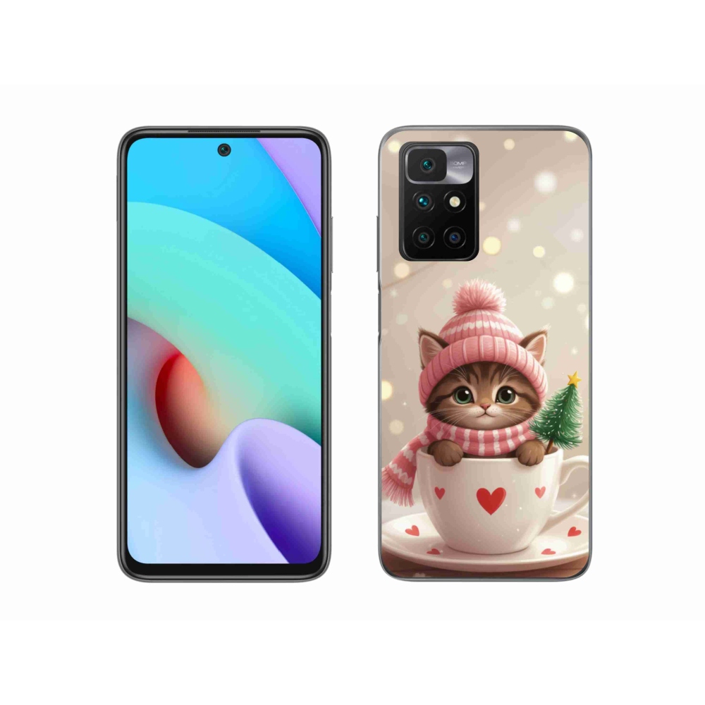 Gelový kryt mmCase na Xiaomi Redmi 10/Redmi 10 (2022) - vánoční kotě v hrnku