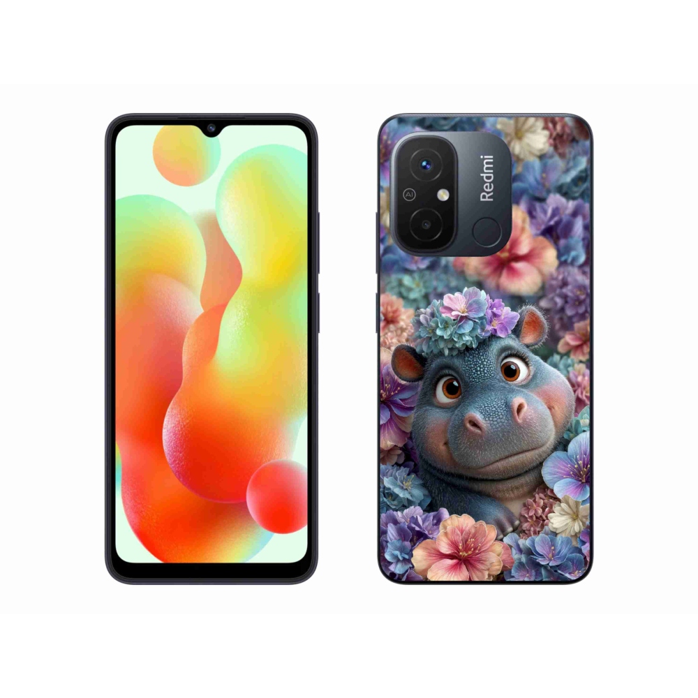 Gelový kryt mmCase na Xiaomi Redmi 12C - hrošík v květinách