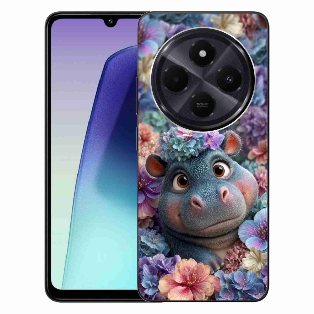 Gelový kryt mmCase na Xiaomi Redmi 14C/Poco C75 - hrošík v květinách