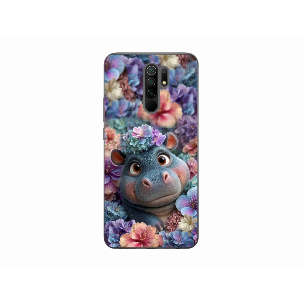 Gelový kryt mmCase na Xiaomi Redmi 9 - hrošík v květinách