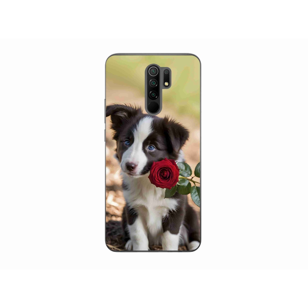 Gelový kryt mmCase na Xiaomi Redmi 9 - roztomilá border kolie s růží