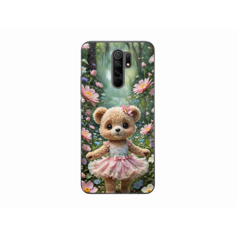 Gelový kryt mmCase na Xiaomi Redmi 9 - roztomilý medvídek v květinách