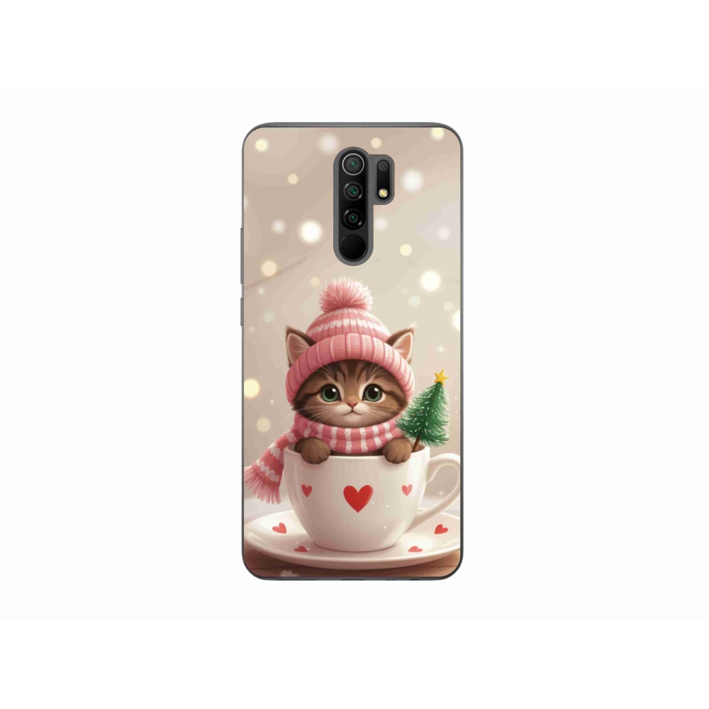 Gelový kryt mmCase na Xiaomi Redmi 9 - vánoční kotě v hrnku