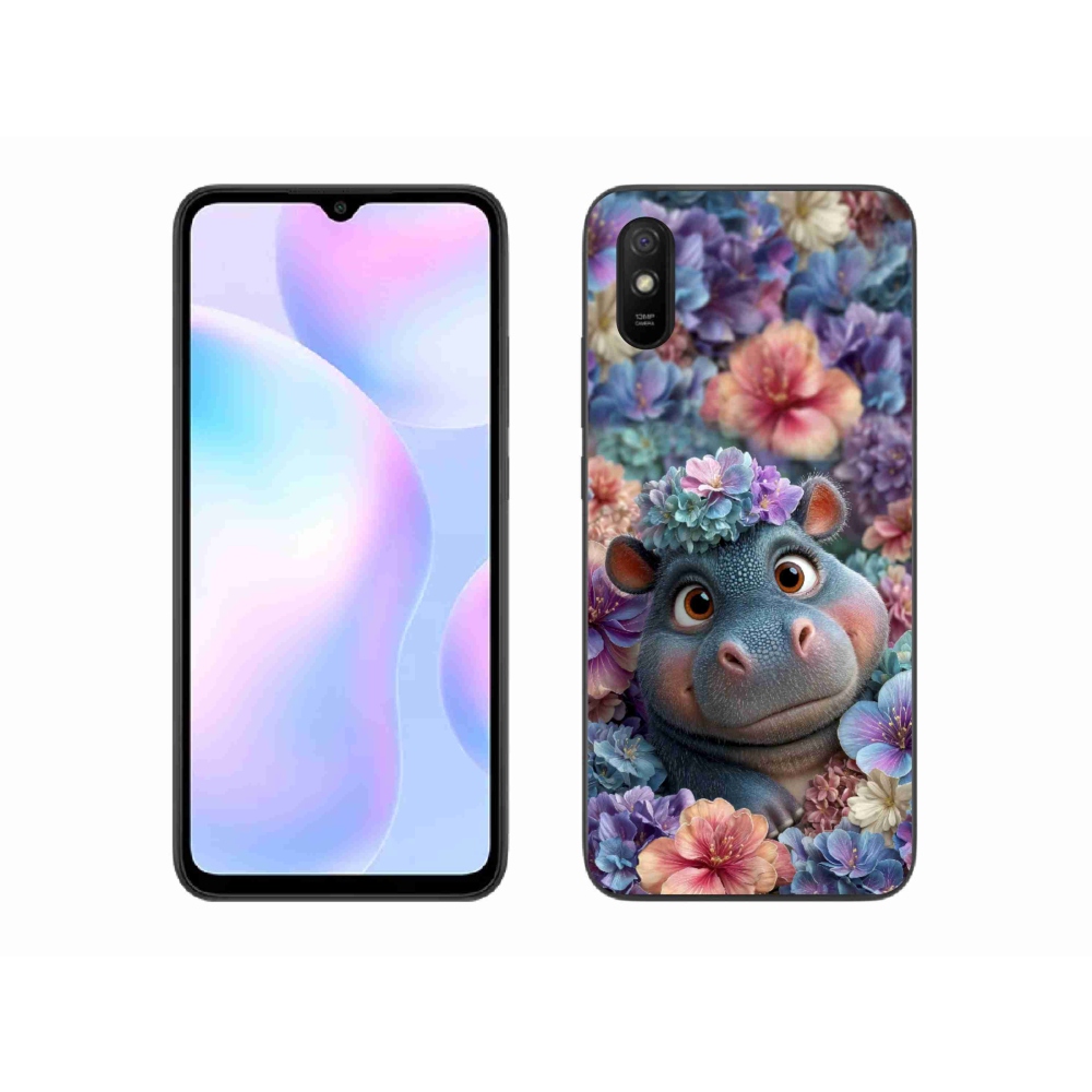 Gelový kryt mmCase na Xiaomi Redmi 9A - hrošík v květinách