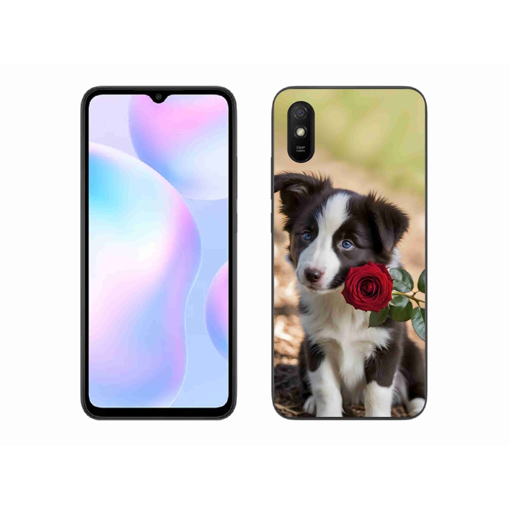 Gelový kryt mmCase na Xiaomi Redmi 9A - roztomilá border kolie s růží