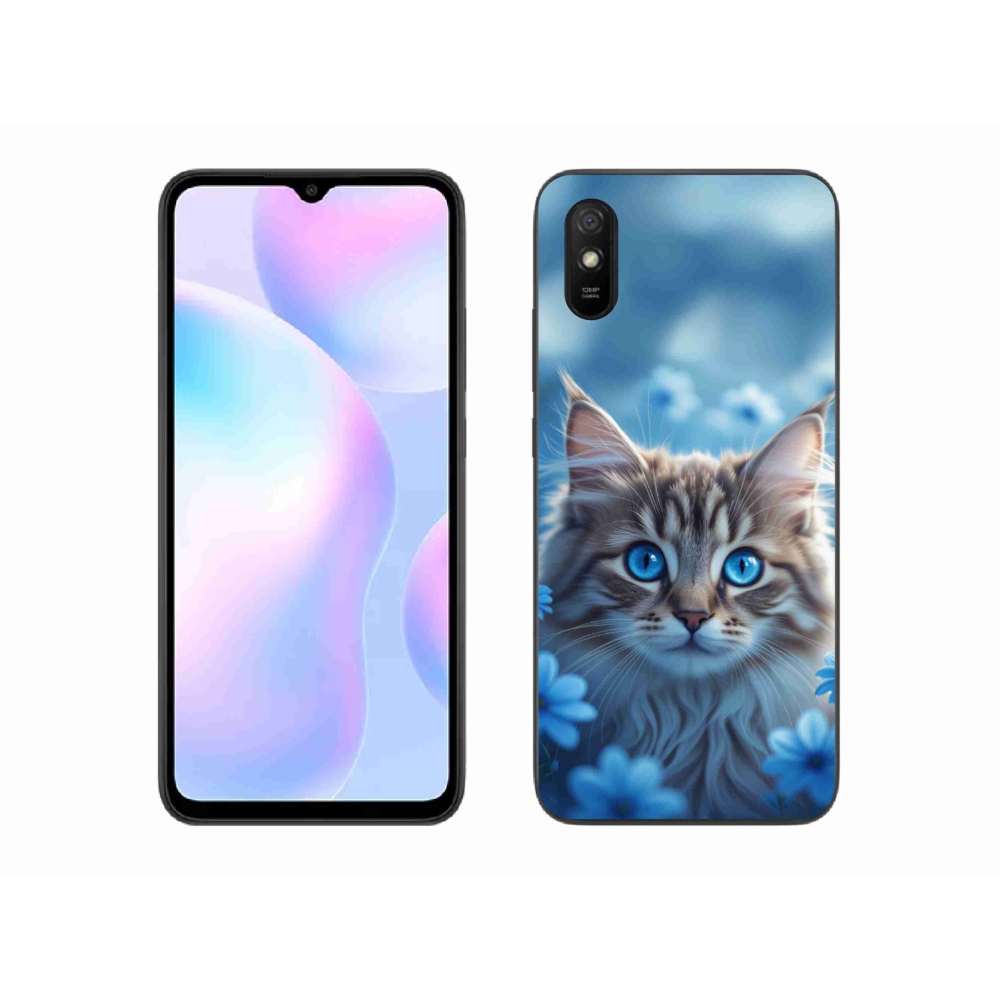 Gelový kryt mmCase na Xiaomi Redmi 9AT - koťátko v modrých květech