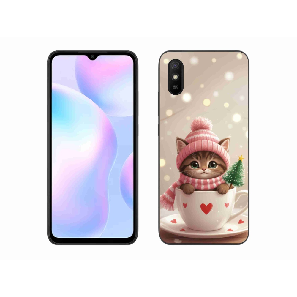 Gelový kryt mmCase na Xiaomi Redmi 9AT - vánoční kotě v hrnku