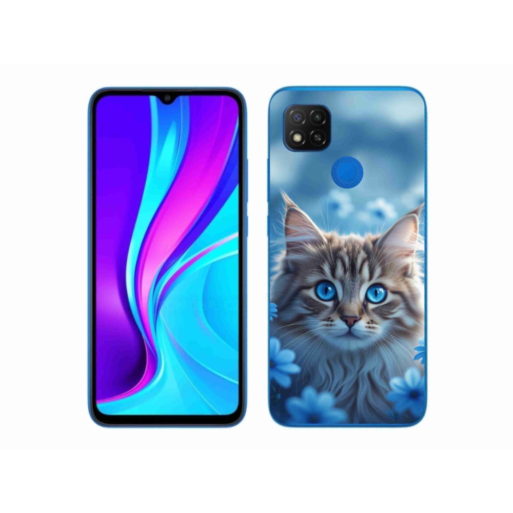 Gelový kryt mmCase na Xiaomi Redmi 9C - koťátko v modrých květech