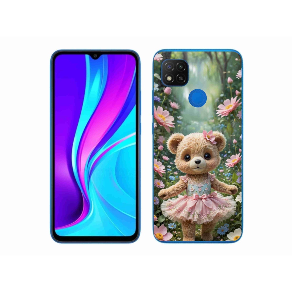 Gelový kryt mmCase na Xiaomi Redmi 9C - roztomilý medvídek v květinách