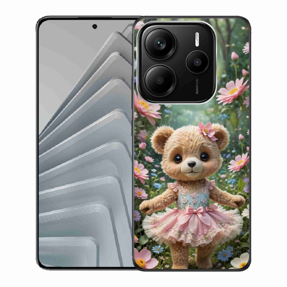 Gelový kryt mmCase na Xiaomi Redmi Note 14 5G - roztomilý medvídek v květinách