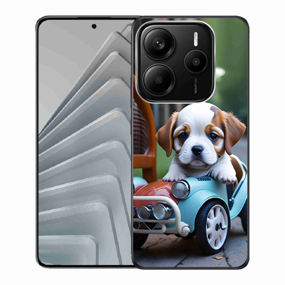 Gelový kryt mmCase na Xiaomi Redmi Note 14 5G - štěně v retro autě