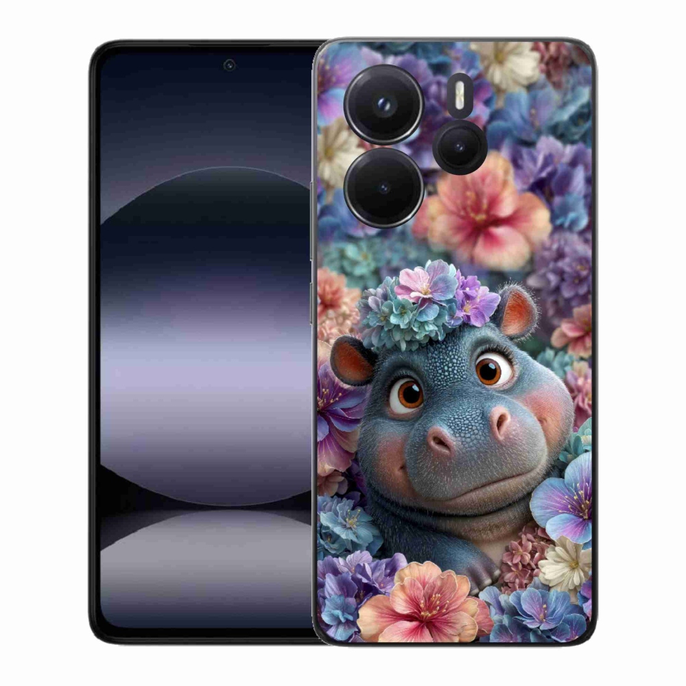 Gelový kryt mmCase na Xiaomi Redmi Note 14 - hrošík v květinách