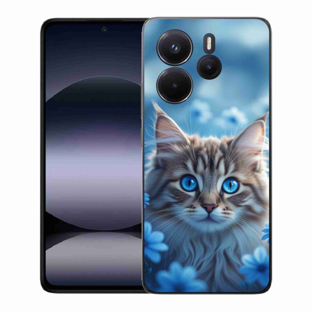 Gelový kryt mmCase na Xiaomi Redmi Note 14 - koťátko v modrých květech